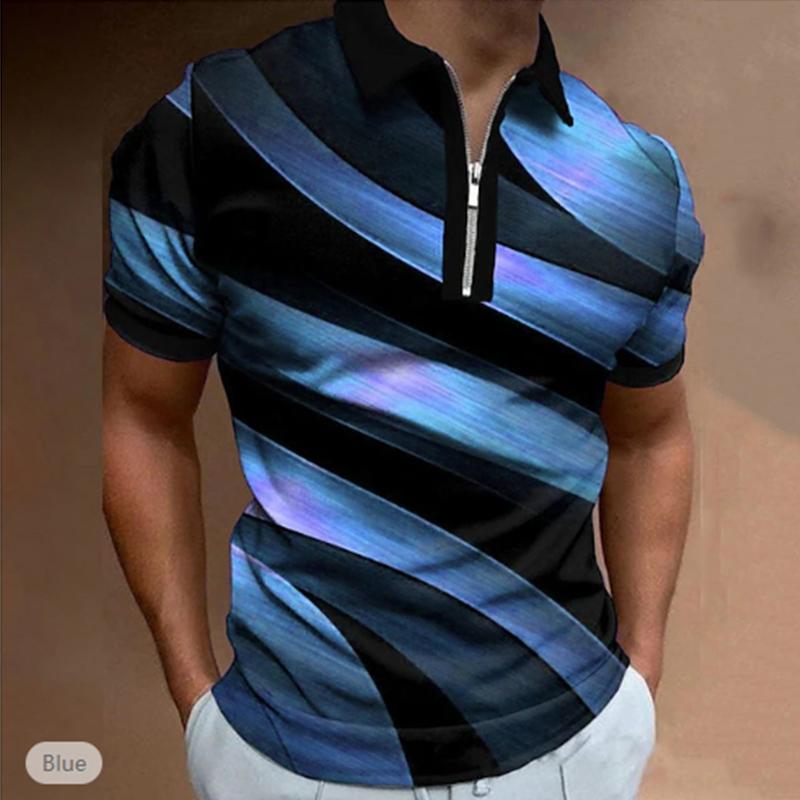 Tricou casual cu rever Tricou cu fermoar la modă pentru bărbați tineri Tricou cu mânecă scurtă Tricou cu imprimare diagonală 3D pentru bărbați