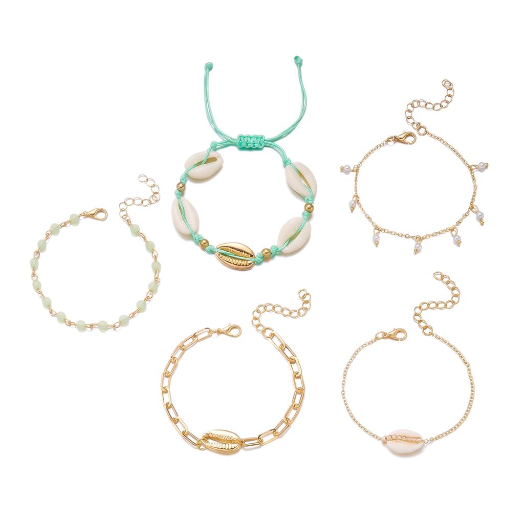 5Pcs/Set Boho Shell Beaded Bracelets for Women Stackable Imitation Pearl Woven Chain Summer Beach Vacation Jewelry Gift