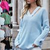 Damtröja med hålmönster Lös Casual Enfärgad V-ringad Hösttröja Vardagskläder