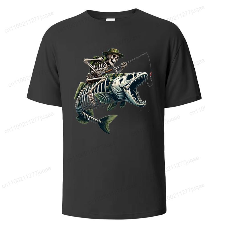 Herren Sommer T-Shirts Lockere Größe Angeln Jäger Print Lässig Bequem Rundhals Kurzarm T-Shirt Fischskelett Herren Top