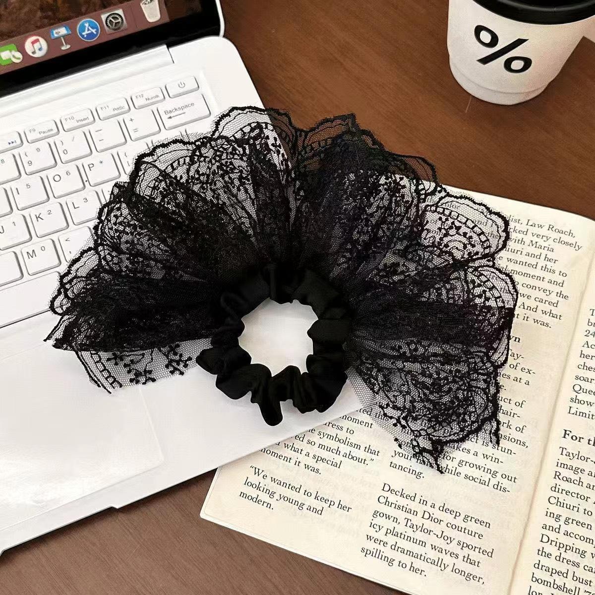 French Style Black Embroidery Lace Scrunchie Luxury Hair Tie for Women