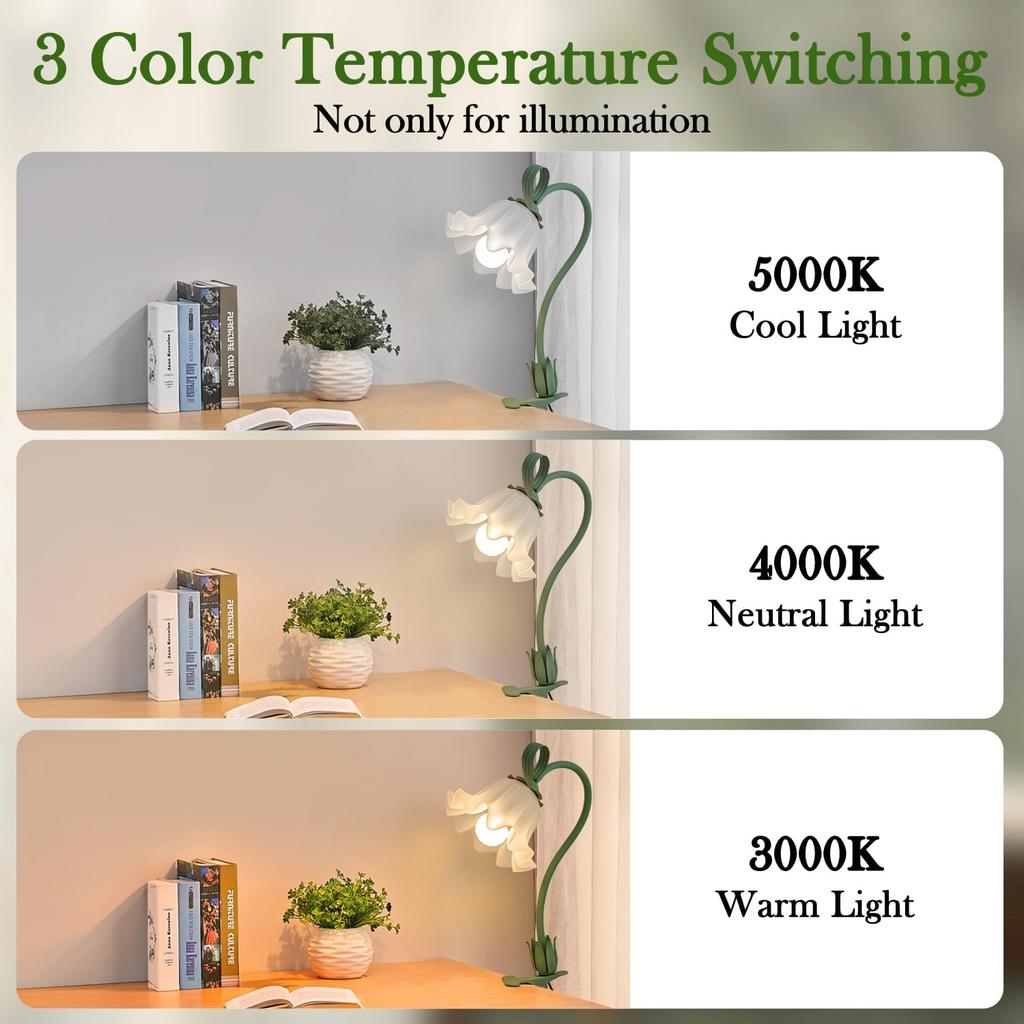 Flower Desk Lamp with Clamp, 3 Color Modes Flower Eye-Caring Clip on Light, Flexible Gooseneck Reading Table Clamp Lamps for Home Office Bedroom