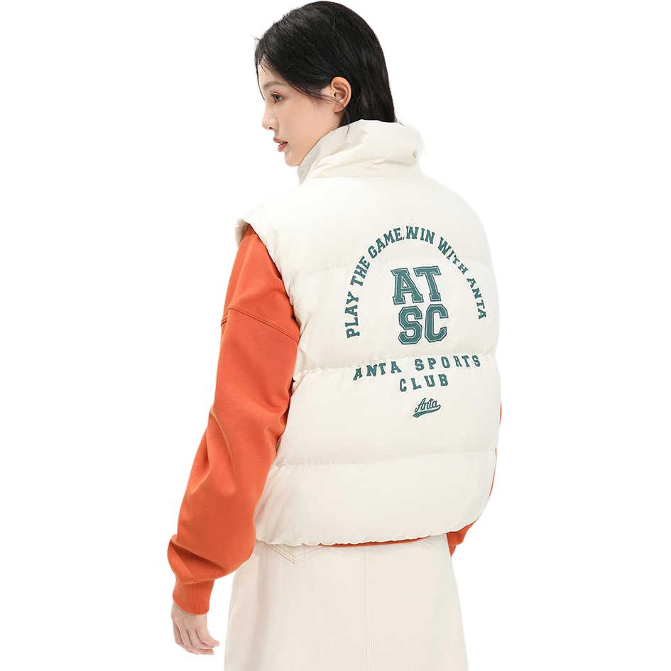 Anta Lifestyle Series Letter Zipper Stand Collar Sleeveless Down Vest Women Vests Stone-White 162348902-2
