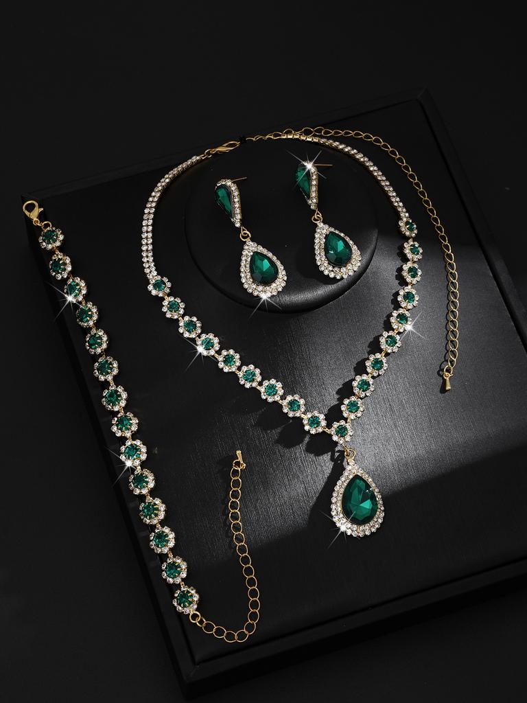 2026 Jewelry Necklace Earrings Bracelet Three-piece Full Diamond Flower Bridal Jewelry Set Dress Accessories