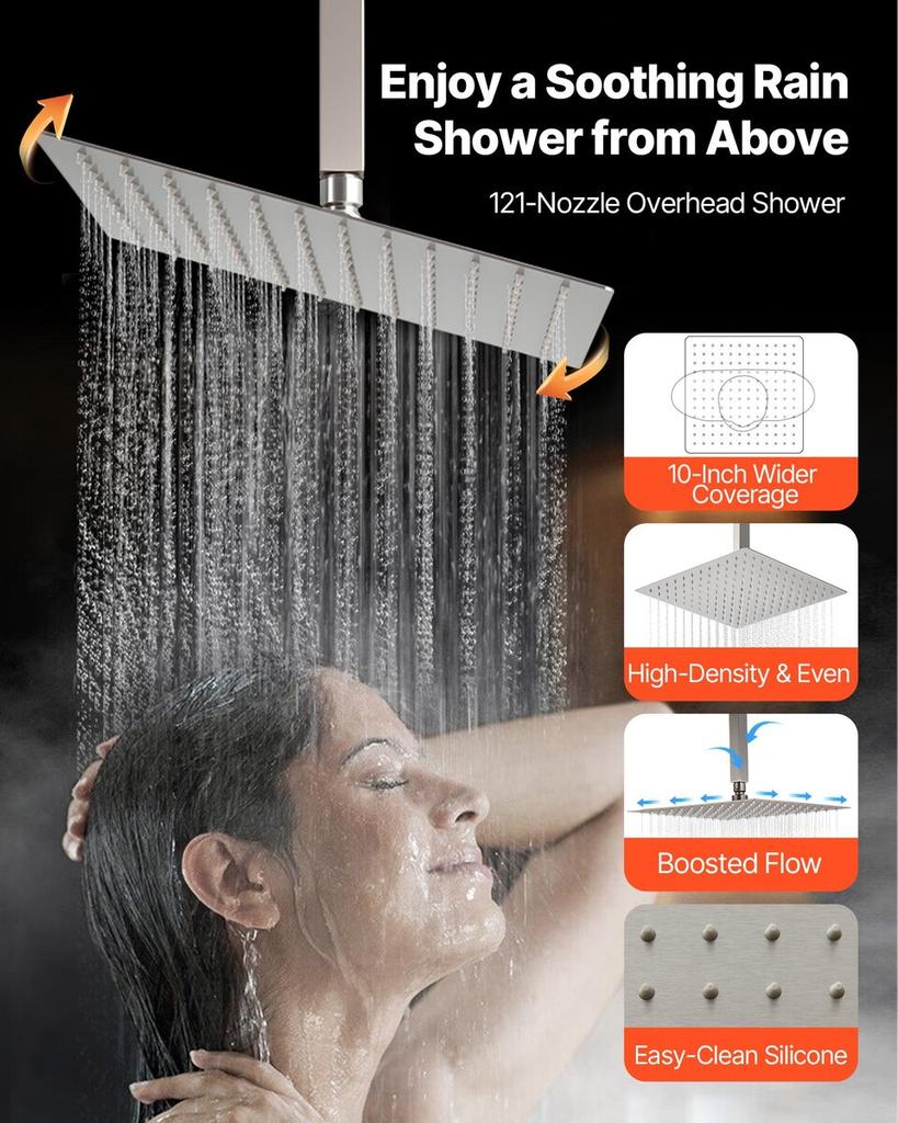 Shower Faucet Set, 254 Mm Ceiling Mount Rainfall Shower System with 152 Mm Wall Mount Head and 2 In 1 Handheld Spray, Rotatable 3-Function Dual Rain