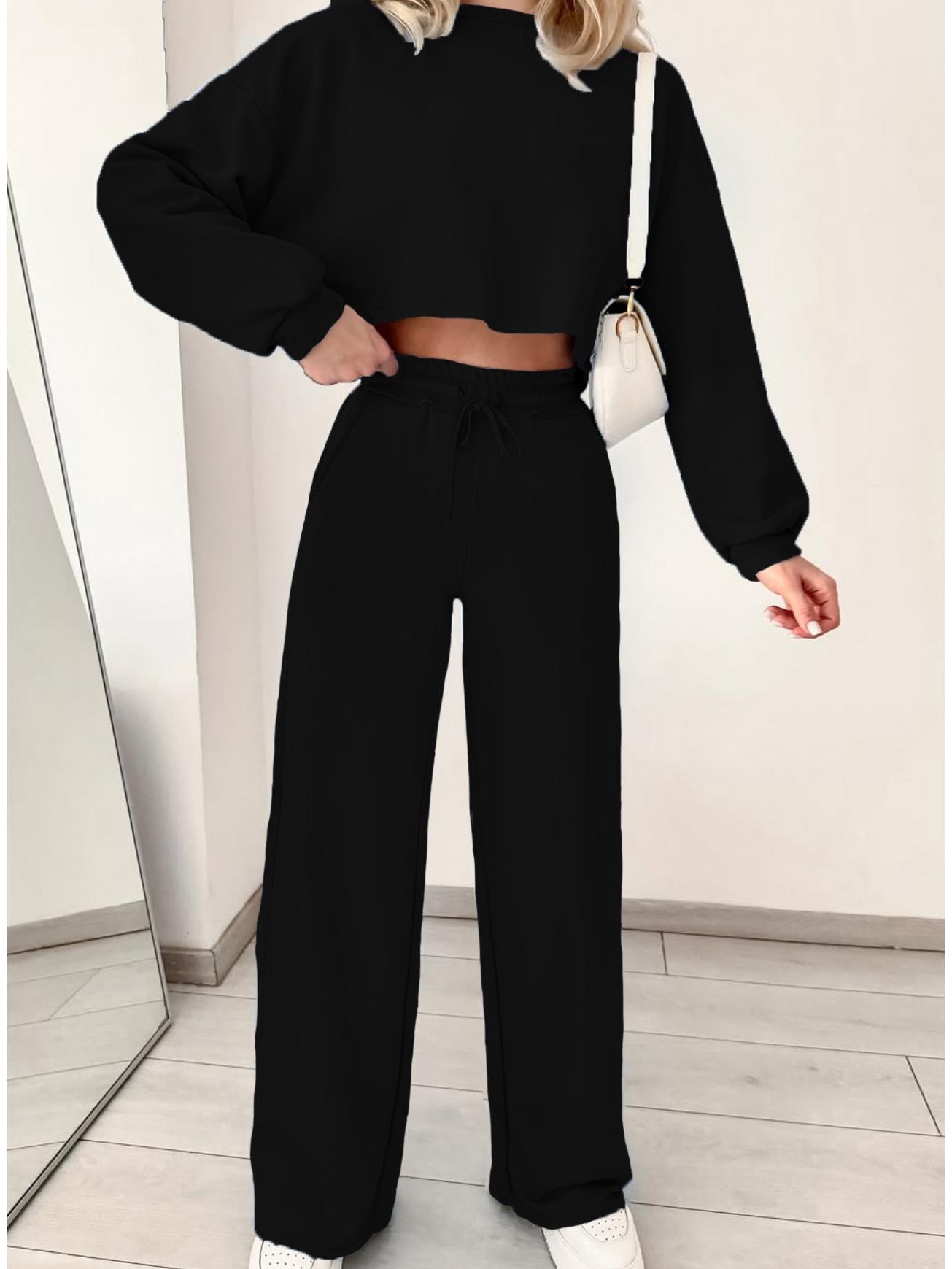 

2025 Women s High Waist Casual Two-Piece Set: Loose Long Pants & Short Top for Autumn/Winter S чорний