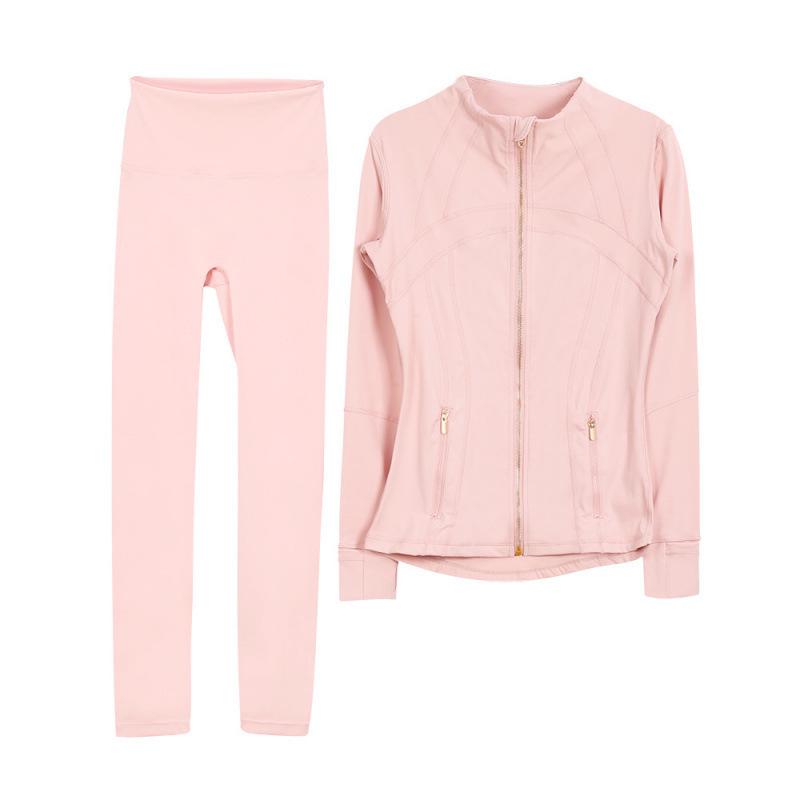 Lulu Original Yoga Anzug: Schnelltrocknendes Set mit Stehkragenjacke & Elastischer Neun-Punkt-Hose, Goldener Reißverschluss.