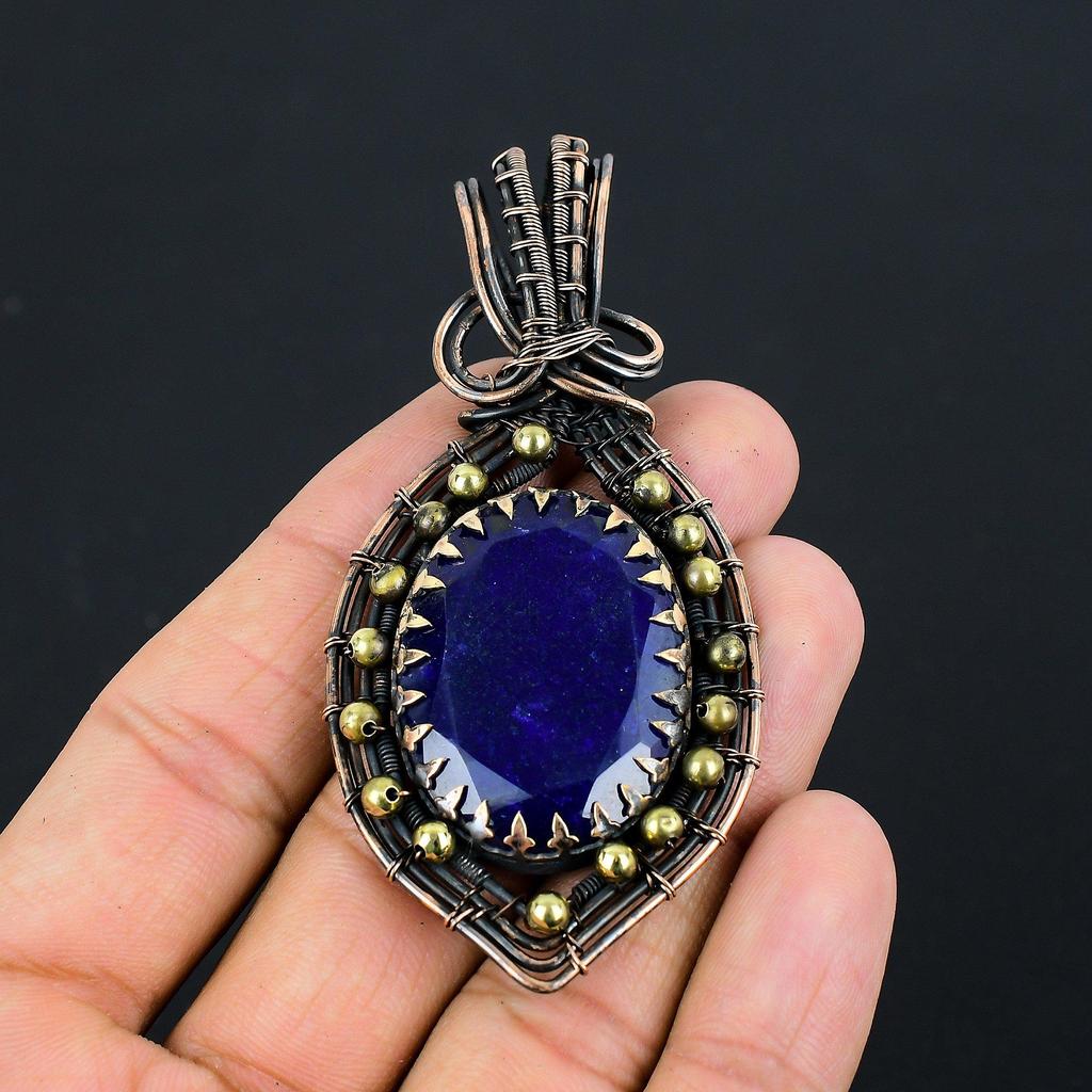 Lab-Created Blue Sapphire Gemstone Pure Copper Wire Wrapped Handmade Jewelry Pendant