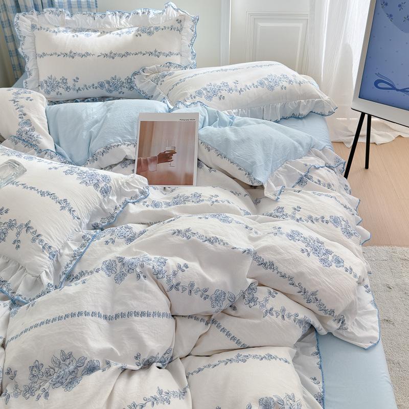 Super Soft Double Yarn Princess Style 4Pcs Set Lace Dormitory 3Pcs Set Bed Sheet Quilt Cover Bed Hat