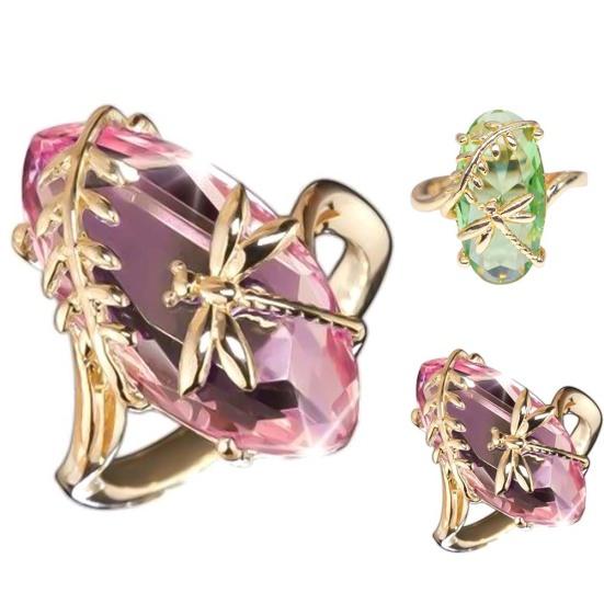Chic Women Dragonfly Leaf Oval Faux Gem Twist Finger Ring Wedding Jewelry Gift