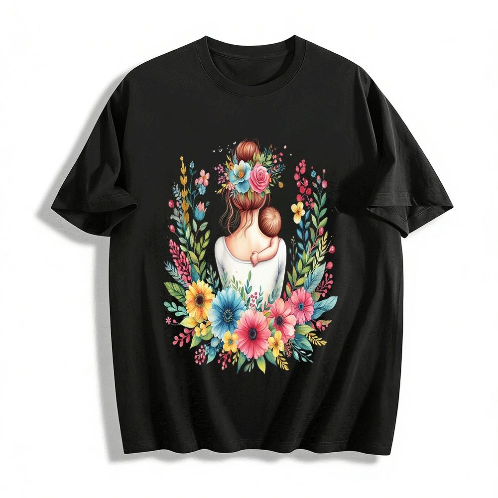 Floral Print Casual Top With Mother And Baby Back View Pure cotton T-shirt XXS