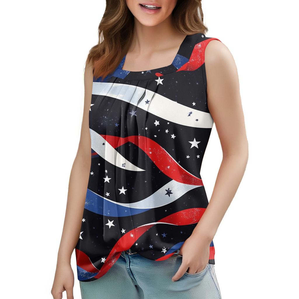 Women's Summer Casual Pleated Square Neck Sleeveless Tank Top Printed T-Shirt