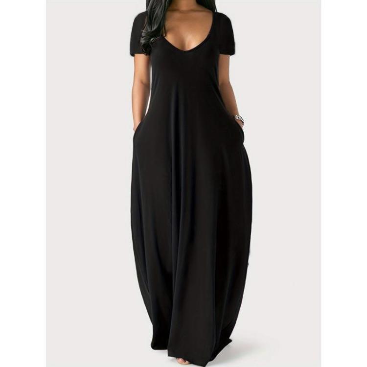 Women's Casual Maxi Dress Short Sleeve Simple Solid Dress With Pockets