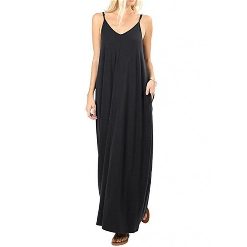 European and American Women's Clothing Solid Color Loose Pocket Long Dress, Vest Dress, Sexy Suspender Skirt