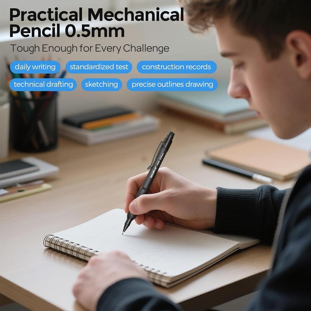 Nicpro HD1000 0.5 mm Art Mechanical Pencil Set in Case, 3 PCS Weatherproof Mechanical Pencils with 6 Tube HB Refills, Eraser, Weatherproof Barrel for