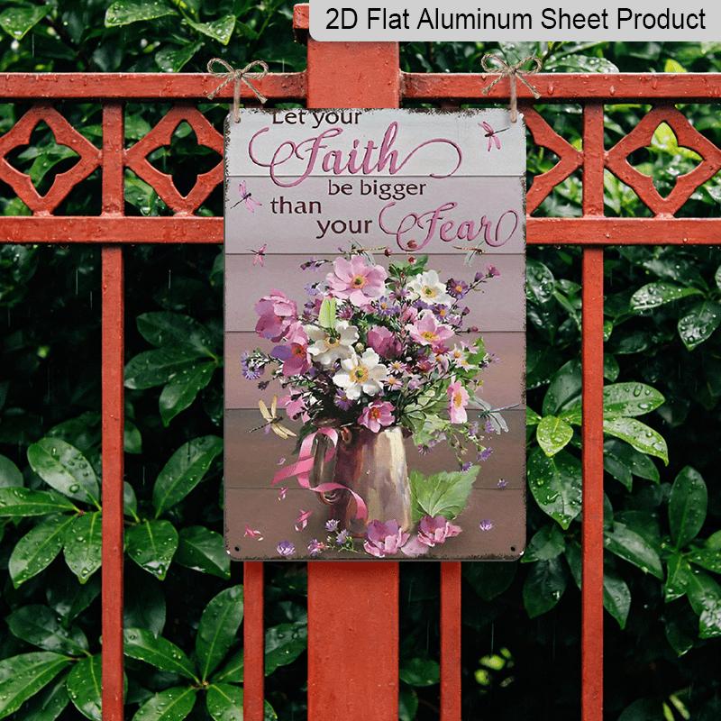 2D Flat, Vintage "Let Your Faith Be Bigger Than Your Fear" Metal Wall Sign - Rustic Dragonfly & Flower Aluminium Decor Suitable for Home, Kitchen