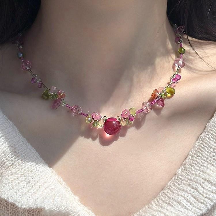 Cute Y2K Bohemian Cartoon Resin Cherry Fruit Flower Pendant Bead Choker Necklace for Girls Harajuku Charm Jewelry Accessories