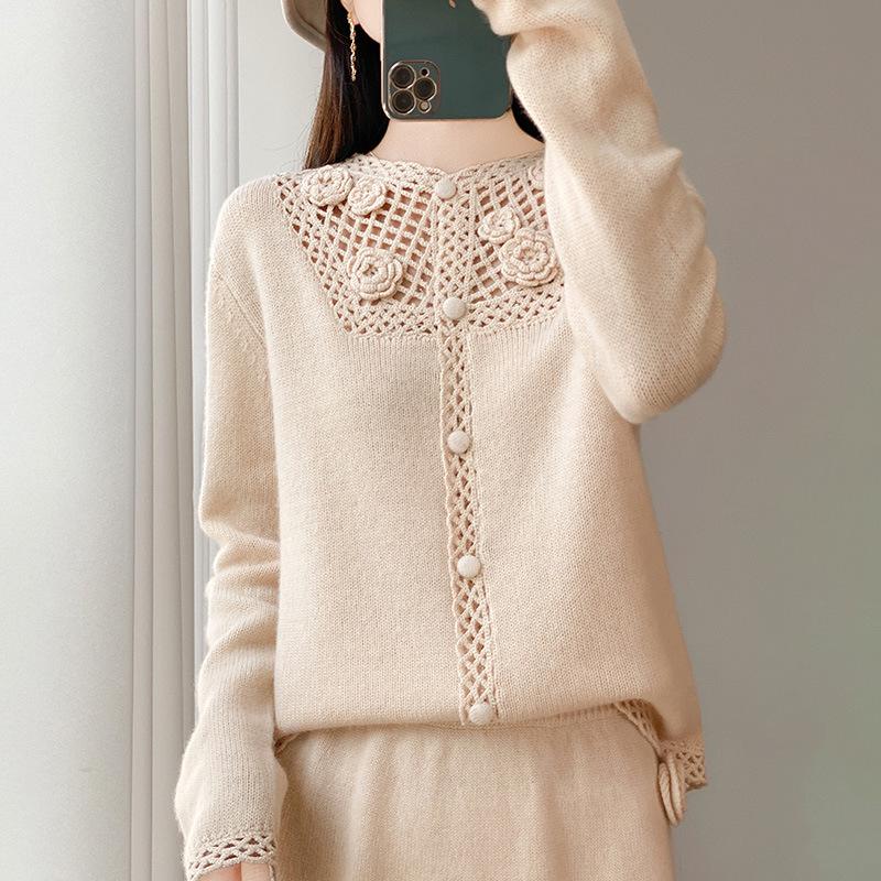 Autumn Style Heavy-Duty Crochet Knit Wool Cardigan: Women's Fashionable Hollow-Out Sweater Coat, Solid Color.