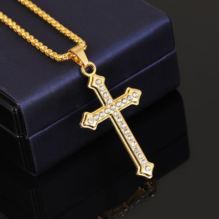 Gold-Plated Cross Pendant Necklace with Inlaid Diamonds - Fashionable, Non-Fading Sweater Chain Gift for Men