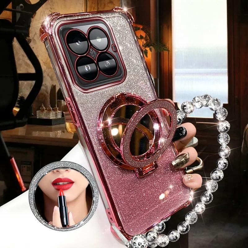 Shockproof GLITTER Plating Crystal Bracelet Magsafe Phone Holder Case For Xiaomi Mi 14 13 12 Pro Cover