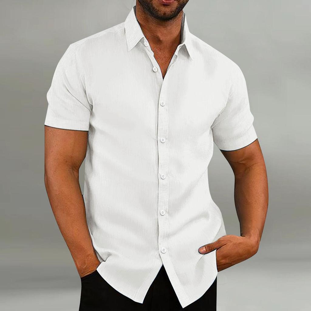 Men's Retro Solid Color Cotton Linen Shirts Casual Summer Loose Short Sleeve Lapel Shirt