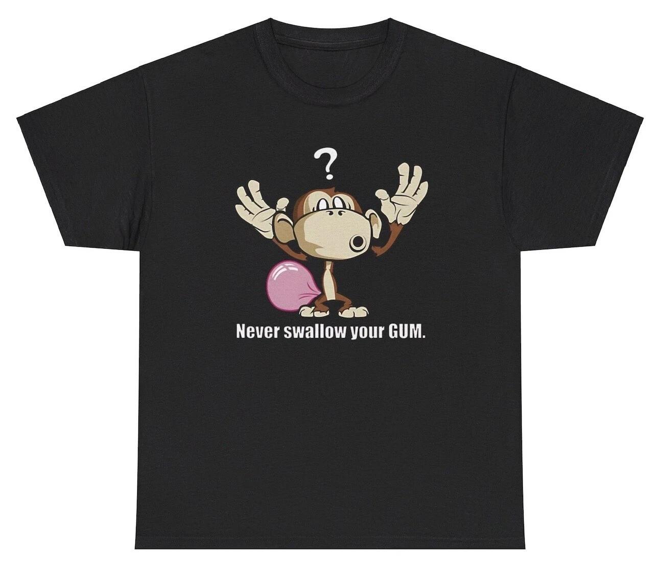 Never Swallow Your Gum T Shirt Funny Monkey Fart Myth Meme Cartoon Humor Tee S