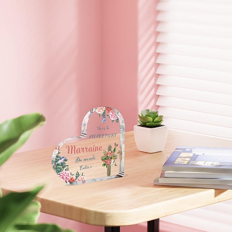 2D Flat "Tu Es La MEILLEURE Marraine Du Monde Entier" Heart-Shaped Acrylic Desk Decor Plaque, Floral & Cross Design, Suitable for wall decoration, por