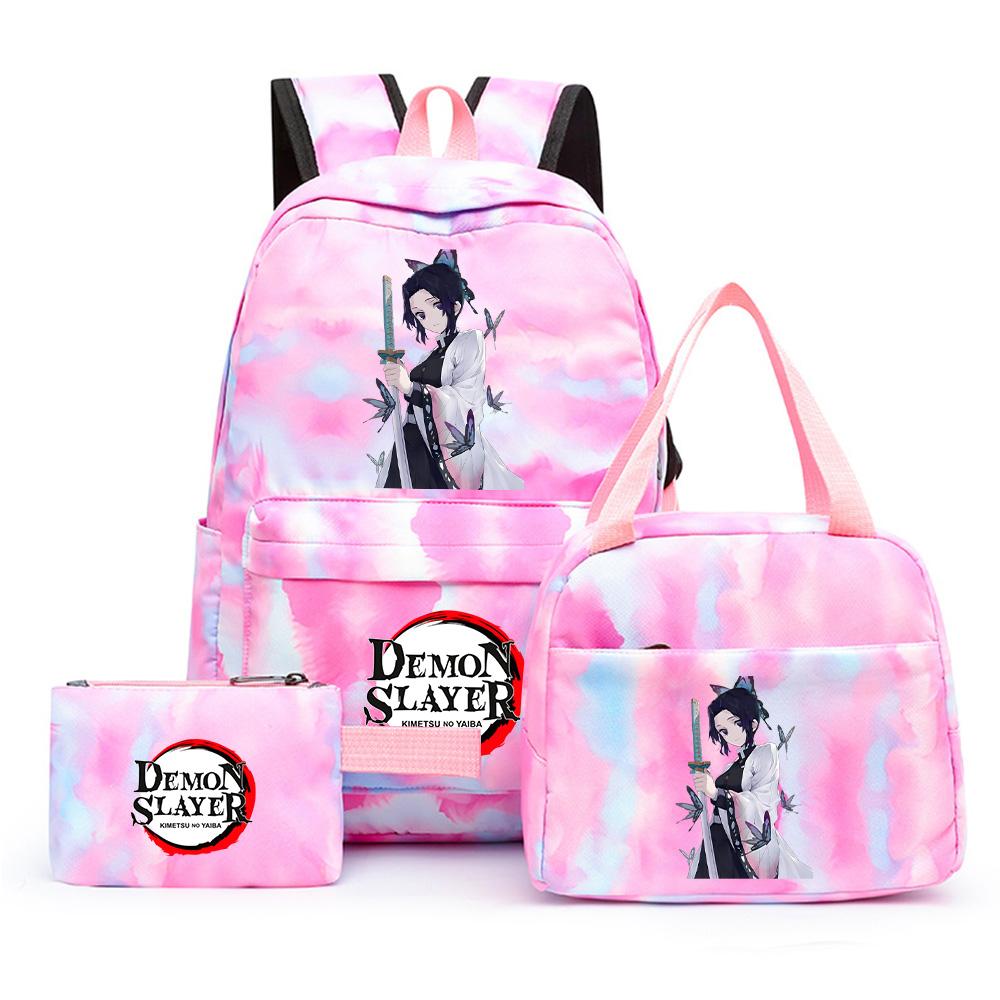 3 st/set Anime Demon Slayer Tryckt Ryggsäck med Matlåda Pennfodral för Tonåring Tillbaka till Skolan Stor Kapacitet Vattentät Skolväska Flickpojke Gåva
