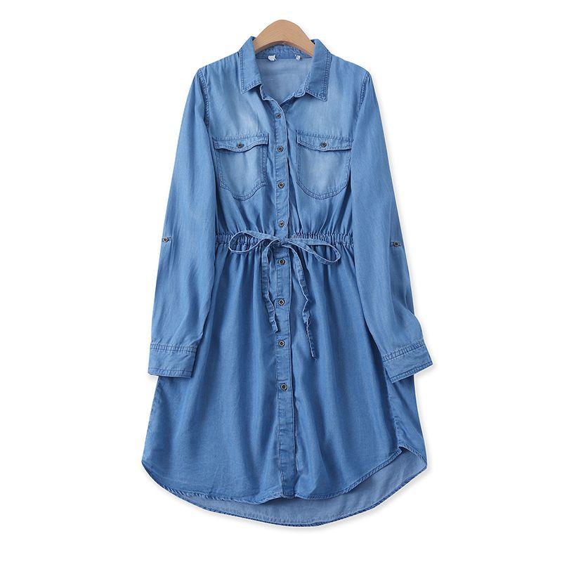 

Тенсел Экспорт Самое простое для сочетания Выстиранное Джинсовое платье слим-силуэта Blue(A- 4-22-2) S