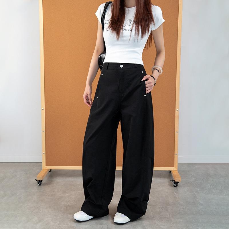 Women Curved Leg Pants High Waist Loose Wide Leg Cargo Pants Rivet Solid Color