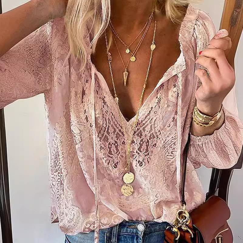 Loose Fit V Neck Long Sleeve Pullover Solid Color Commuter Shirt