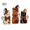 Whimsical Witch Hat Cat Figurines 3Pcs Rustic Wooden Halloween Tabletop Decor, Farmhouse Black Figurine Moon Star Pumpkin Art with Hat,