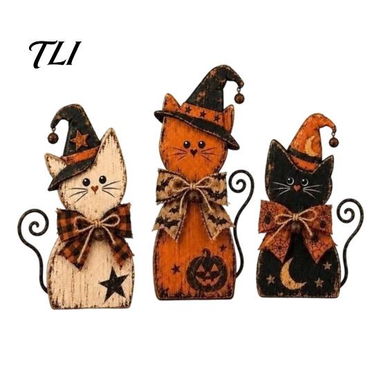 Whimsical Witch Hat Cat Figurines 3Pcs Rustic Wooden Halloween Tabletop Decor, Farmhouse Black Figurine Moon Star Pumpkin Art with Hat,
