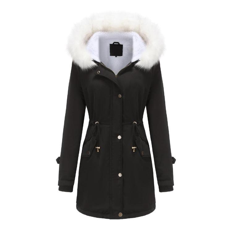 Winter Velvet Coat with Detachable Fur Collar Hooded Parka for Women Long Sleeved Cotton Autumn Coat S