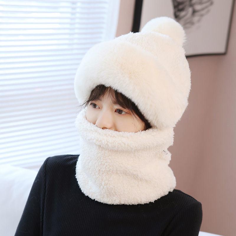 Winter Simple New Style Thickened Warm Plush Scarf All-in-one Hooded Scarf Three-in-one Cute Fox Ear Hat Female Hooded Ski Mask