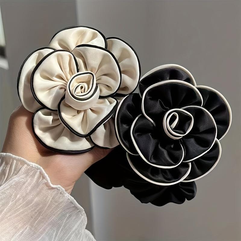 Elegant Camellia Hair Tie for Women High Elasticity Polyester Ponytail Holder Fashionable Versatile Black Fabric Scrunchie
