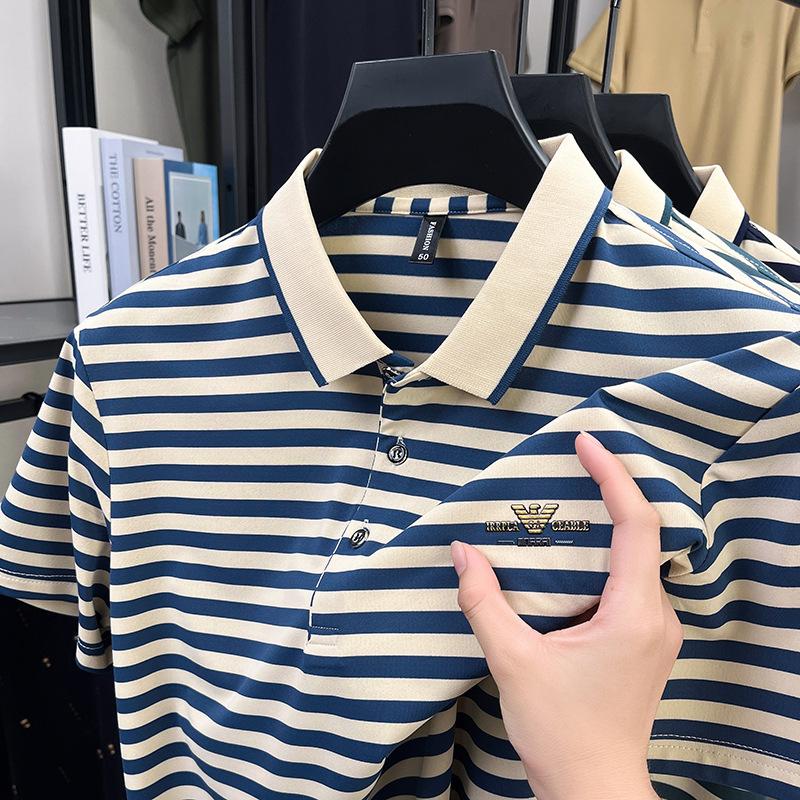 Mulberry Silk Breathable Polo Shirt Men'S Father Striped T-Shirt Trendy Lapel Loose Top