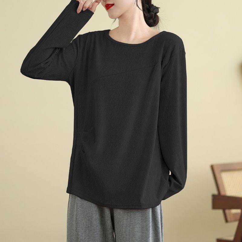 Autumn New Style Spliced Round Neck Long-sleeved Bottoming Fashionable Solid Color Jacquard Top