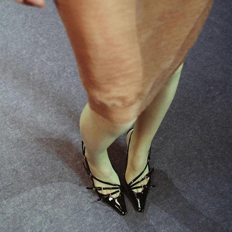 Patent Leather Thin Heel French High Heels Niche Design Sense 2025 Celebrity Word with Bag Head Sandals Empty Single Shoes Women