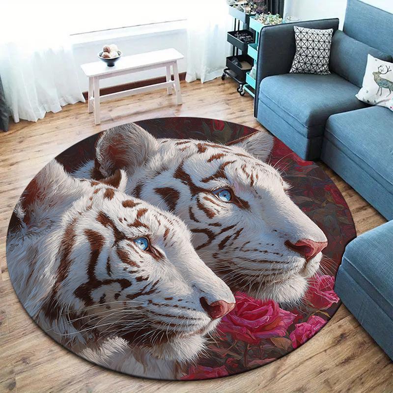 Roses and Tigers, Leopards Round Area Rug,Carpet Rug for Living Room Bedroom Sofa Playroom Decor,Non-slip Floor Mat