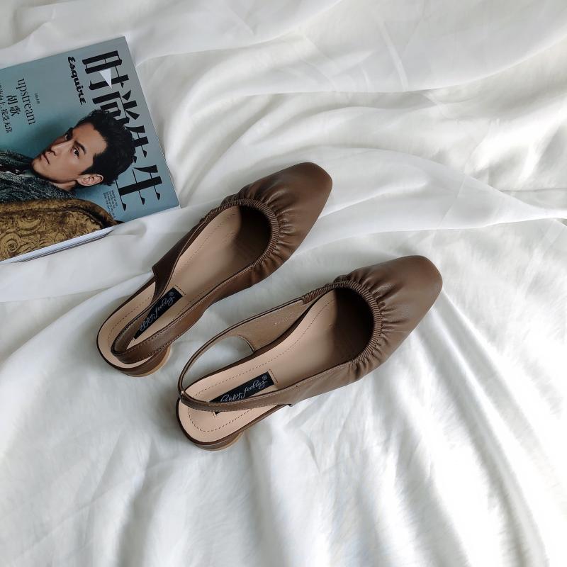 Fashion Designer Woman Pleated Slingback Sandals Solid Leather Round Low Heels Shoes Ladies Summer Rear Strap Flipflops Femmes Sandalias