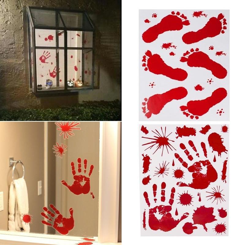 Adesivo de vidro para janela de mão e pé de sangue horrível de Halloween Adesivo de parede para sala de estar e quarto Halloween C