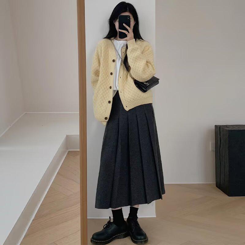 Autumn/Winter High-Waisted Slimming A-line Pleated Long Woolen Skirt for Petite Women