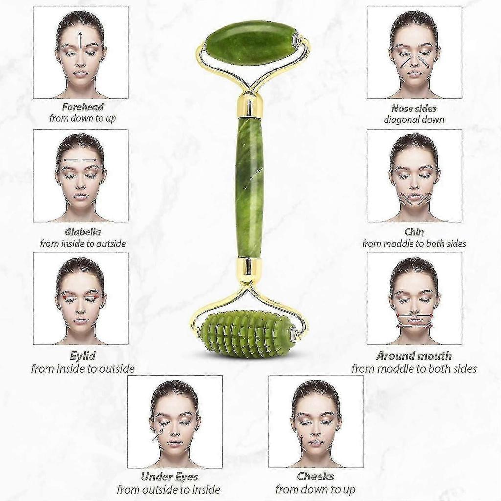 Liseng and Gua Sha Tools Set Anti Aging Roller Massager 100 Percent Real Natural Jade for Facial Massage and Skin Care
