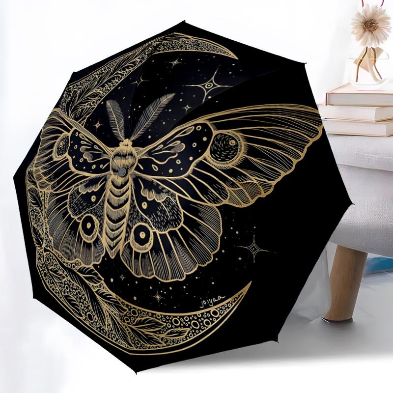 1pc Moth & Moon Pattern Automatic Umbrella is Fashionable and Good-Looking, Suitable for Travel and Daily Use.A059