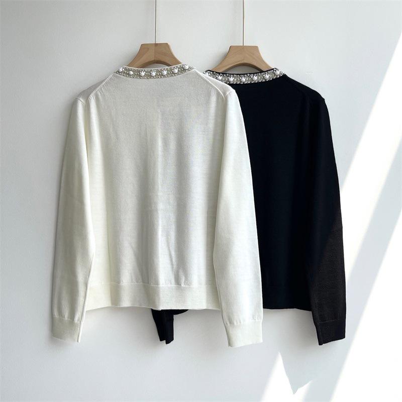 Elegant Hua Lun Single-Breasted French Wool Cardigan - Thin Solid Color, Long Sleeve, Round Neck Sweater.