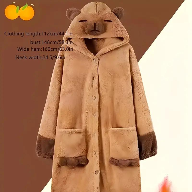 Cartoon Capybara Long Pajama Set - Warm Coral Fleece Robe for Winter Loungewear