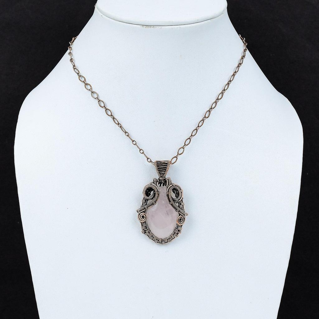 Rose Quartz Pendant Copper Wire Wrapped Pendant Rose Quartz Copper Jewelry Handmade Pendant Wire Wrapping Jewelry Gemstone Pendant For Gift