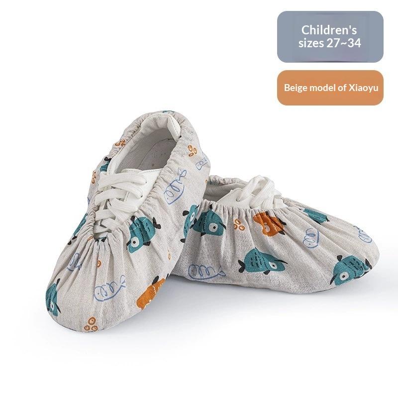 High Stretch Bunched Household Shoe Cover Washable Reusable Canvas Printed Foot Cover Room Non-Slip Cartoon Child Shoe Cover