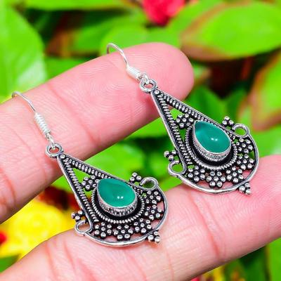 Natural Green Onyx Gemstone Handmade 925 Sterling Silver Earring 1.97" c1J89